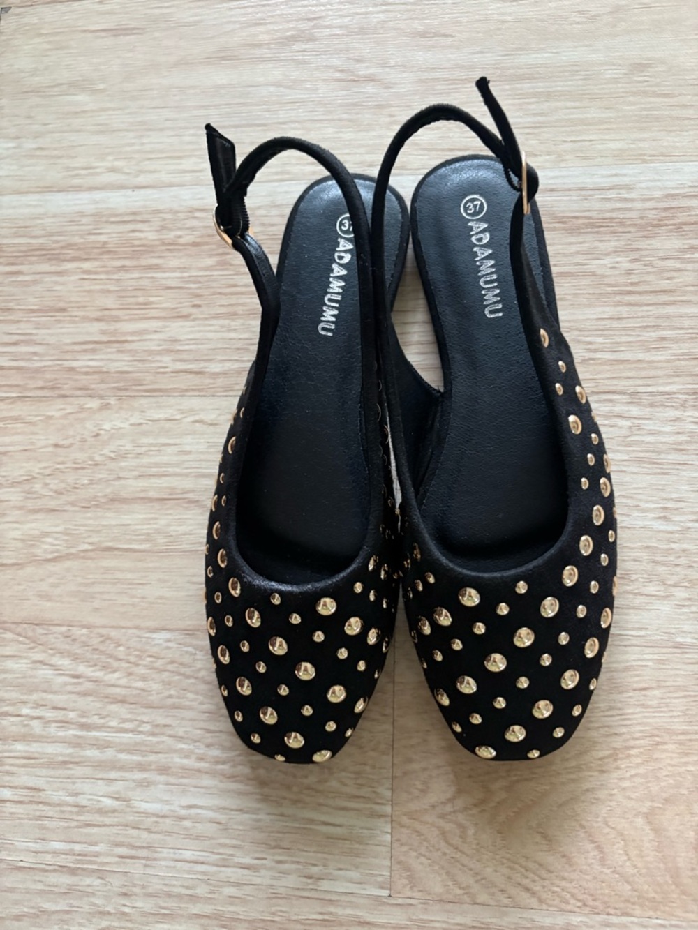 Black Slingback Flats with Gold Stud Accents